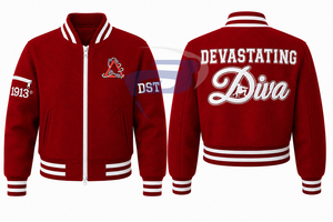 Delta |   Sigma |   Chaqueta Universitaria para Mujer de la Hermandad Theta, Roja y Blanca, con Logotipo Bordado 'Devastating Diva' 1913, Chaqueta Bomber con Cierre Frontal - Product Image 3