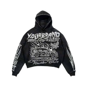 OEM Streetwear Custom Distressed Embroidered Patch Rhinestone Zip up Hoodie and <b>Sweatpants</b> <b>Set</b> Men Acid Wash Tracksuit - Product Image 2