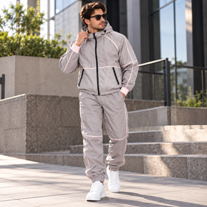 Conjunto de Chaqueta y Pantalón Deportivo para Hombre, Gris, de Forro Polar, Cortavientos, de Alta Visibilidad, con Ribete Rosa, Informal, para Invierno - Product Image 5