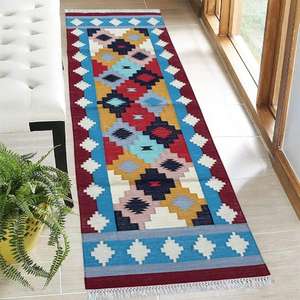 Rustic Cotton Dhurrie <b>Runner</b> Rug For Farmhouse <b>Kitchen</b> Or Meditation Zone 014 - Product Image 1