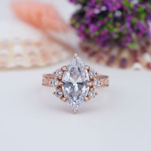 Gold Plated 925 <b>Silver</b> Classic Women's Wedding <b>Ring</b> <b>Set</b> with Marquise Cut Moissanite Side Accent Prong Setting Trendy Resizable - Product Image 1