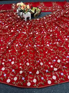 Lehenga Choli en soie brodée de fleurs rouges, sans plis, avec dupatta, tenue traditionnelle indienne pour mariage, Diwali, fête, pour femmes - Product Image 5