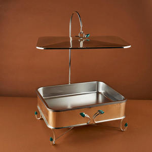 Luxury <b>Rectangular</b> <b>Gold</b> Chafing Dish <b>Mirror</b> Finish Stainless Steel Buffet Warmer with Green Accents and Lift-up Lid Single Unit - Product Image 4