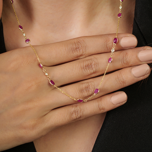 Women's Wholesale Fine Trendy <b>Ruby</b> & Diamond 14K Real Yellow Gold Elegant Station Chain <b>Necklace</b> Anniversary Gift Jewelry - Product Image 4