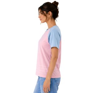 Camiseta Raglán Rosa y Azul Cielo para Mujer, Diseño de Bloques de Color con Estampado de Líneas Abstractas, Cuello Redondo, Manga Corta, Poliéster y Algodón, Informal, OEM - Product Image 3