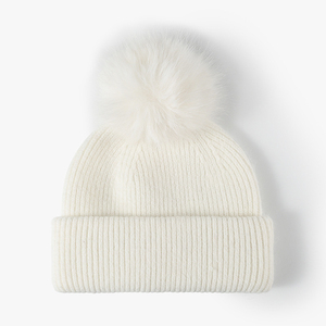 Gorro de Punto de Color Sólido para Mujer, con Pompón Esponjoso, Borde Plegado, Gorro Cálido de Invierno, Ropa de Invierno, Gorros - Product Image 3