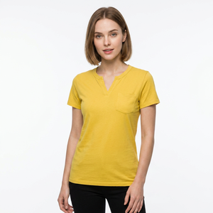 T-shirt pour homme jaune à col en V, coupe ajustée, manches courtes, couleur unie, décontracté, avec poche, en coton tricoté - Product Image 3