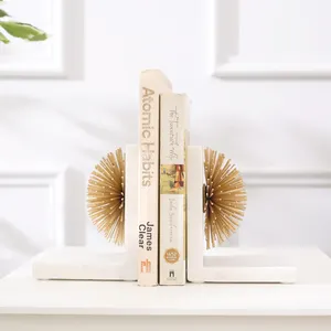 Luxury White Marble Art Deco Engraved Bookends with Gold Starburst Accents for Home Office & <b>Library</b> Display - Product Image 2