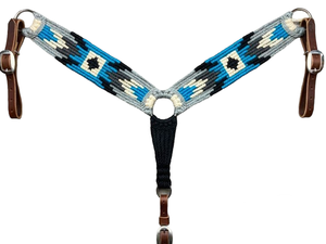 Collier de poitrail personnalisé pour cheval Western, motif Navajo perlé, finition en laine et cuir, couleurs Teal et Tan, tailles Full/Cob, fabriqué en Inde - Product Image 1