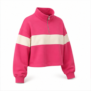 Sudadera Corta Personalizada Rosa Palo para Mujer, Estilo Urbano, con Media Cremallera, de Felpa Francesa WHZCROP-0010 - Product Image 5