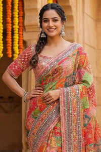 Sari de seda Chinon de diseñador con borde de ribete, borlas Latkan y auténtico trabajo de espejo, reversible, estilo fiesta, largo hasta el tobillo - Product Image 3