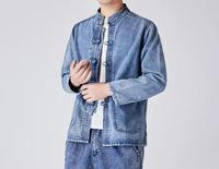 Blouson Bomber Unisexe en Jean Décontracté à Capuche Col Montant Coupe Droite Automne Coton Lavé Couleur Unie Fermeture Éclair Avant