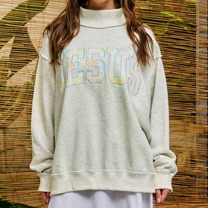 Jesus <b>Mock</b> <b>Neck</b> Crew <b>Neck</b> Sweatshirt Cotton Fleece Women Unisex Chenille Letter Tackle Twill University College Wear - Product Image 3