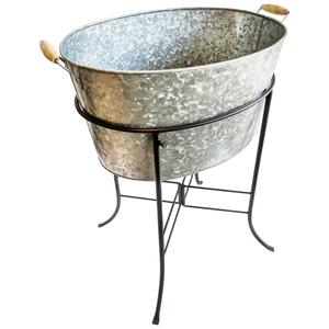 Oval Galvanized Beverage Tub with Metal Stand Party Ice Bucket <b>Drink</b> <b>Cooler</b> with Wooden Handles for Outdoor Bar and Events - Product Image 1