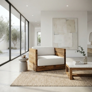 Sillón individual de madera premium, estilo minimalista moderno, de teca, con cojín cómodo, para decoración de sala de estar. - Product Image 4