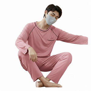 Ensemble de pyjama gris à manches longues pour homme avec poche, en coton doux, vêtements de nuit décontractés, taille élastique, pour le printemps, lavable en machine - Product Image 4