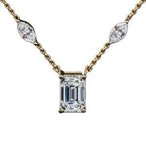 18K Yellow Gold Lab Grown Diamond <b>Emerald</b> Cut <b>Pendant</b> Necklace | Luxury Large Rectangle Diamond with Marquise Accents | Elegant - Product Image 1