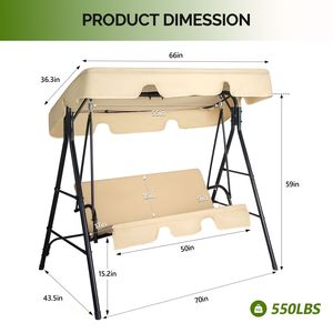 Dondolo da Giardino Modello KD Khaki 68*43*60 Pollici con Cuscino e Tettuccio in Ferro e Tessuto Oxford, Capacità 250kg - Product Image 3