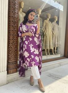 Purple Printed Rayon <b>Kurti</b> With Dupatta Women's Traditional Casual Wear Midi Length Regular Fit All Seasons India Pakistan Style - Product Image 3