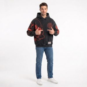 Sweat à capuche oversize noir personnalisé pour homme, 100 % coton French Terry, streetwear, avec imprimé crâne rouge et poche avant, effet délavé - Product Image 6