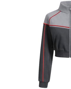 Grey Black Women Cropped Track <b>Jacket</b> <b>Zip</b> <b>Up</b> Sports <b>Jacket</b> Gym Fitness Activewear Red Piping Contrast Training <b>Jacket</b> Customized - Product Image 3