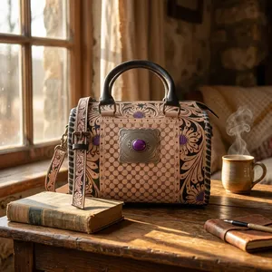 Vegan Leather Vintage Style Women's Hand Bag Embroidered Design Chains Decoration Two Straps Leather <b>Handbag</b> - Product Image 3