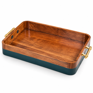 Plateau de service rectangulaire en bois naturel émaillé avec poignées métalliques couleur turquoise, design moderne pour mariage et Diwali |   Durable et facile à transporter - Product Image 1