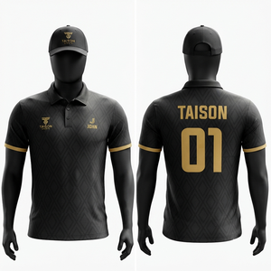 เสื้อโปโลกอล์ฟชาย พรีเมียม โพลีเอสเตอร์ 160 GSM ระบายอากาศ แห้งเร็ว สีดำทอง ลายเรขาคณิต รับสกรีนโลโก้สำหรับสโมสร - Product Image 1