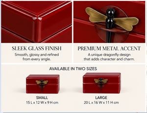 Ruby Red Glass Jewelry Storage Box Set with <b>Black</b> Dragonfly Handle Glossy Finish Soft Lining Decorative Keepsake Organizer - Product Image 3