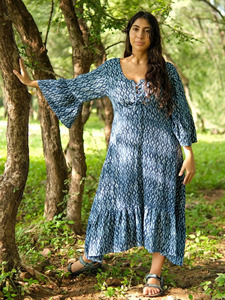 Indigo Hand-Block Printed Cotton <b>Maxi</b> Dress with Flare Bell Sleeves Casual Bohemian Summer Long One Piece Gown for Women - Product Image 6