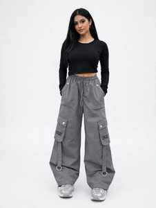 Pantalones Cargo Casuales Transpirables para Mujer, Cintura Alta, Color Gris, Pierna Ancha, Cordón Ajustable, Estilo Hip Hop Urbano con Bolsillos - Product Image 1