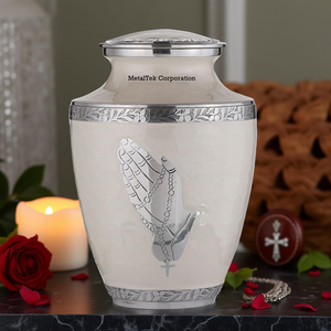 Nouvel arrivage d'urne funéraire de style américain pour adultes avec main priante et croix pour la crémation de Trieste pot funéraire en métal blanc perlé pour cendres humaines - Product Image 6