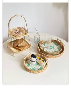 Bandeja Decorativa de Ratán Hecha a Mano con Incrustaciones de Madreperla, Diseño de Mosaico Geométrico, Estilo Bohemio, Forma Hexagonal - Product Image 5