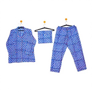 Pijama corto estampado de bloque de mano de algodón de verano para mujer, ropa de dormir cómoda, conjunto de Pj, conjunto de estampado Floral de 3 uds. - Product Image 1