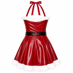 Red Wool/Silk Embroidered Casual Halter <b>Dress</b> with <b>White</b> <b>Fur</b> Trim Front Sleeveless Long Autumn Sexy Club Style - Product Image 2