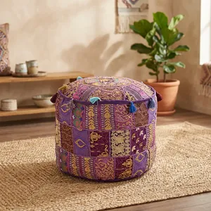 SILKGRAM <b>Vintage</b> Patchwork Embroidery Ottoman Pouf Cover Removable Zipper Closure 100% Cotton Round Footstool <b>Stool</b> for Home Use - Product Image 3