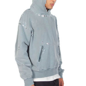 Sweat à capuche texturé tendance, effet usé, inspiré du hip-hop, en coton mélangé, avec bords déchirés stylés - Product Image 5