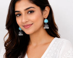 Oxidized <b>Silver</b> Pearl Jhumka Chandelier <b>Earrings</b> Indian Traditional Ethnic <b>Dangle</b> for Women Party Lovers - Product Image 2