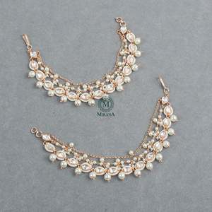 Kritika Polki Designer Gold Plated Ear Chains with Zircon and Pearl Beading - Product Image 2