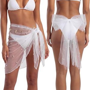 3 Pcs Bride to Be Beach Set Women's Pearl Cover up Sarong Wrap Skirt Bikini <b>Bow</b> White Tulle Bride <b>Body</b> Chain for Summer Bridal - Product Image 1