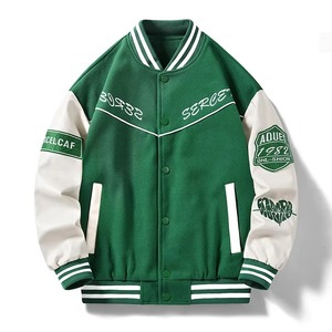 Men's Varsity <b>Jacket</b> Green Black Cotton Polyester Casual Embroidered <b>Patch</b> Design Turn-down Collar Regular Fit Autumn Style - Product Image 2