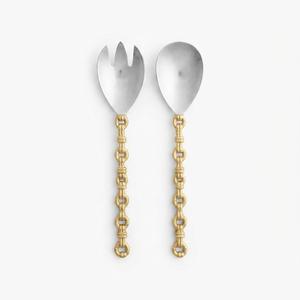 Ensemble de serveurs à salade en métal texturé avec poignée en chaîne dorée, cuillère et fourchette pour service de table de fête - Product Image 1