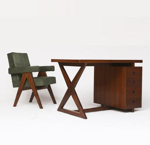 Juego de Escritorio y Silla de Oficina Estilo Pierre Jeanneret, Escritorio Administrativo de Madera Maciza con Estructura en X y Gabinete de 3 Cajones para Estudio, Venta al Por Mayor - Product Image 1