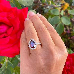Bague classique en grenat rouge en forme de poire et moissanite ronde, en argent sterling 925 original, avec halo, pour femme, cadeau d'anniversaire pour partenaire - Product Image 3