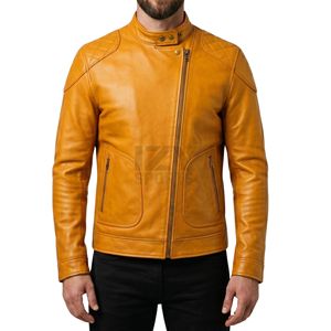 Chaqueta de Cuero Marrón Cognac Minimalista con Cierre de Cremallera Simple en el Pecho, Cremallera Lateral Vertical, Cuello con Pestaña de Botón Estrecha, Chaquetas Elegantes - Product Image 3