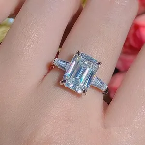 Tishya Diamond 3.96Ctw <b>Emerald</b> Cut Prong Set Three Stone IGI Certified Luxury Engagement <b>Ring</b> 14K White Gold Plated - Product Image 6