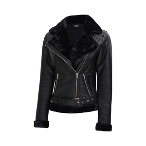 Veste moto en cuir véritable pour femme avec garniture en fourrure, fermeture éclair, manches longues, style hiver, couleur unie - Product Image 1