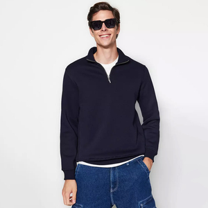 Men's <b>Navy</b> Blue Quarter Zip <b>Sweatshirt</b> Regular Fit Solid Color Casual Cotton French Terry Stand Collar Autumn Wear - Product Image 1