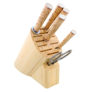 Ensemble de couteaux de cuisine à manche brun clair avec lames à motifs argentés, bloc en bois et ciseaux pour trancher, hacher et préparer les aliments - Product Image 6