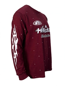 Hot selling Custom <b>Maroon</b> Graphic Long Sleeve T Shirt Oversized Flame Print Heavyweight Cotton Vintage Streetwear Casual <b>Tops</b> - Product Image 5